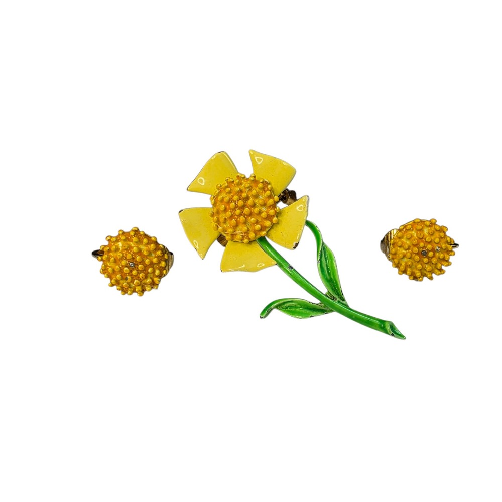 Vintage Yellow Enamel Flower Brooch Clip On Earring Set Retro Mod Pop Flower 60s